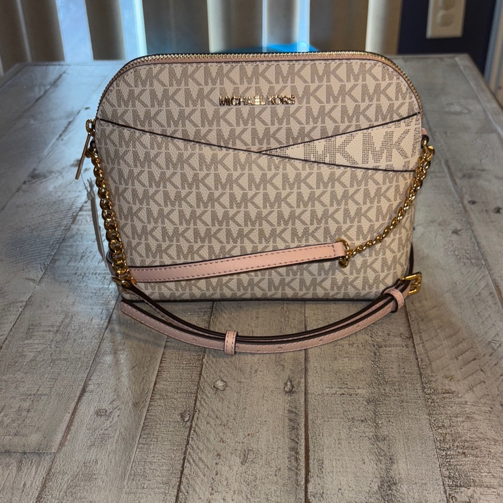 Michael by Michael Kors Monogram Beige and Pink Crossbody Bag